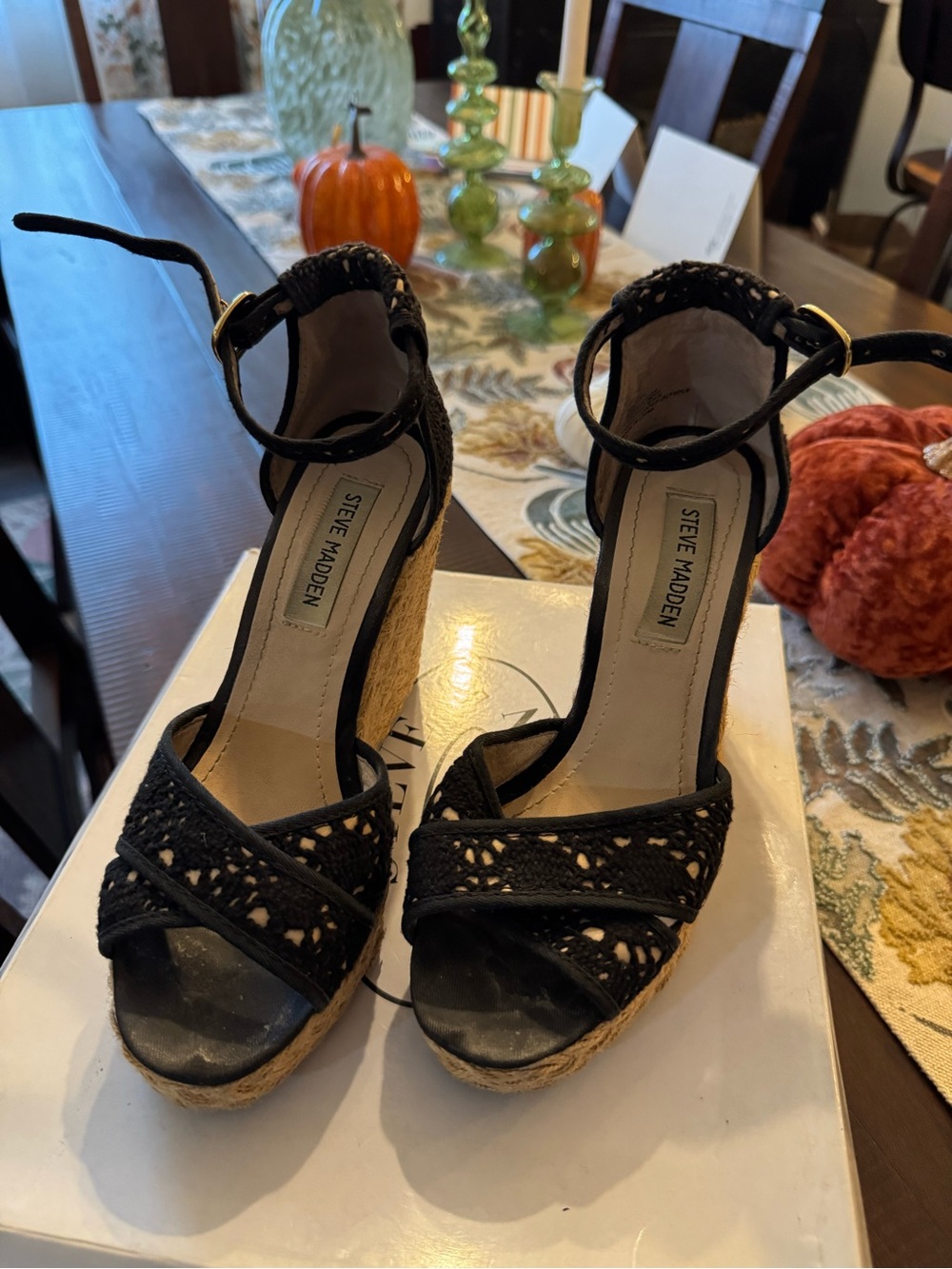 Steve Madden Black Crochet Espadrille Wedge Sandals with Ankle Strap